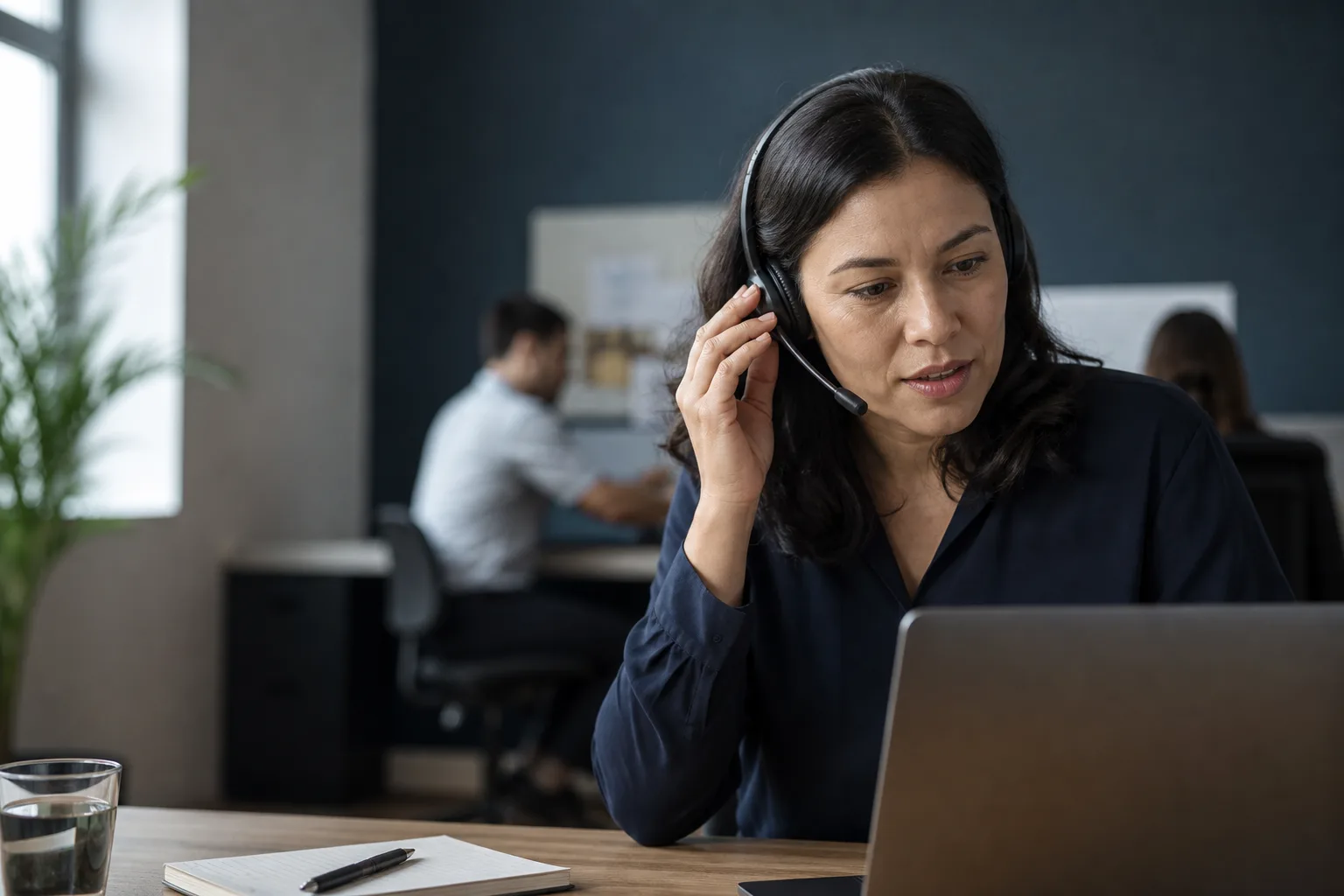 A customer-service lead taking over a complex call with the caller's context open on a laptop.